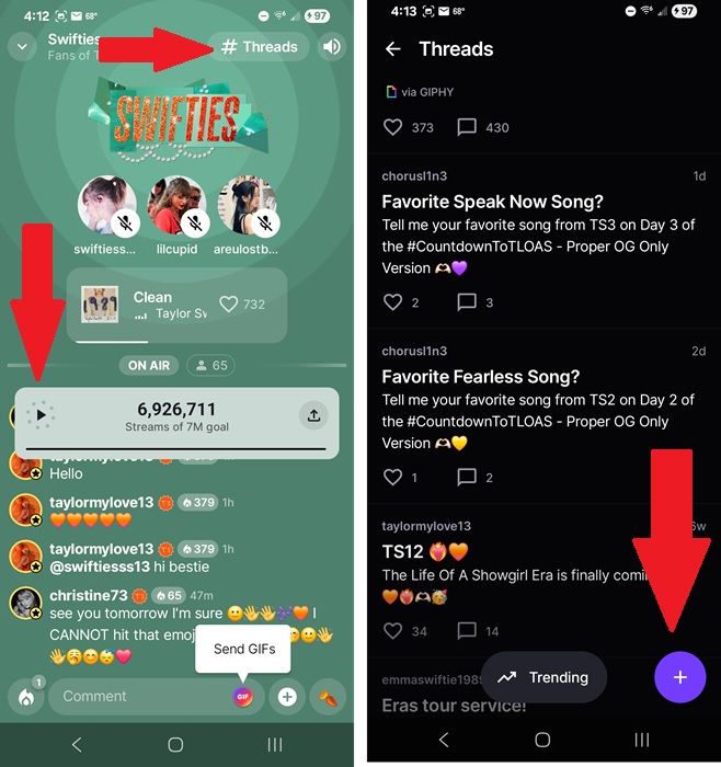 Interacting with other users on the Swifties channel and viewing Threads.
