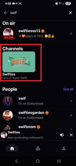 Selecting a fandom channel.