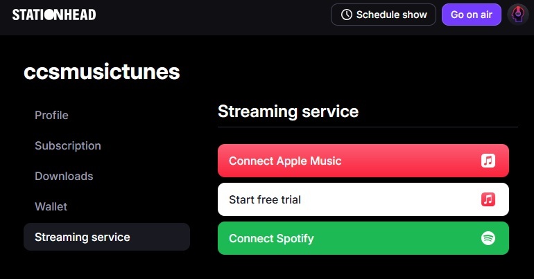 Connecting Stationhead with Apple Music or Spotify.