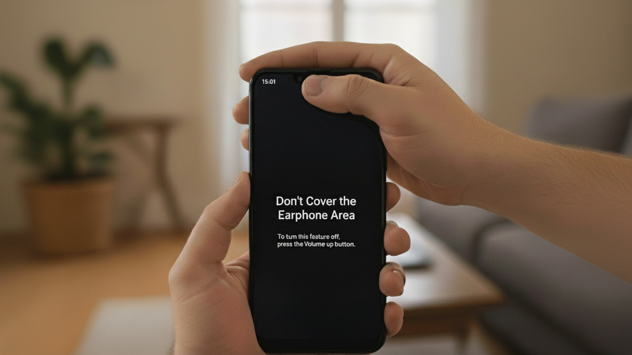 An Android phone in hand with text on it