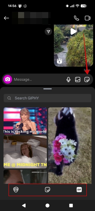 Accessing sticker/GIF gallery in Instagram app on mobile. 