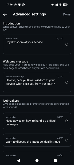 Accessing "Advanced settings" for AI chatbot via DMs in Instagram app. 