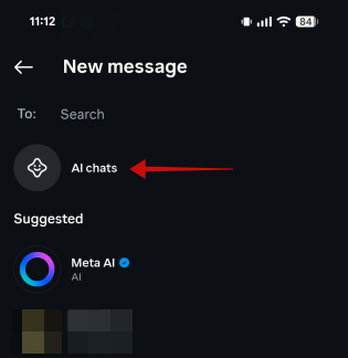 Selecting "AI chats" in Instagram new DM screen on Android. 