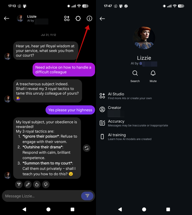 Accessing additional info for AI chatbot via DMs in Instagram app. 