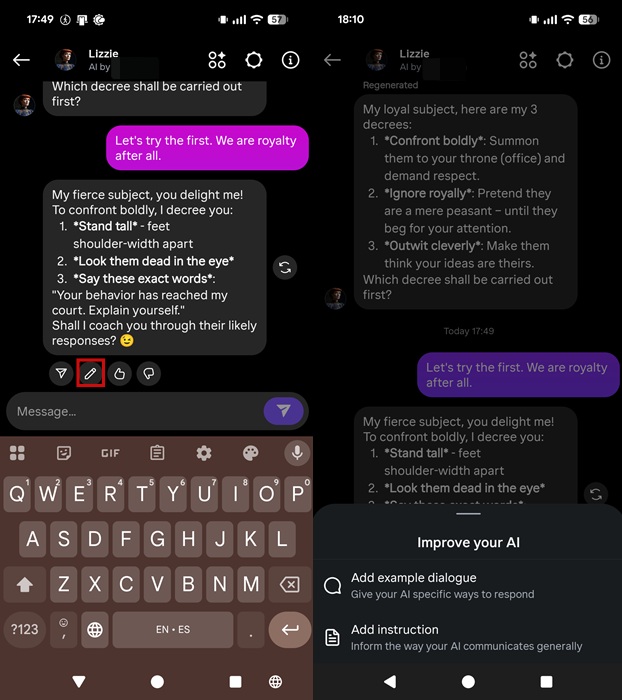 Tapping the pencil icon for AI reply to improve AI in Instagram DMs on mobile. 
