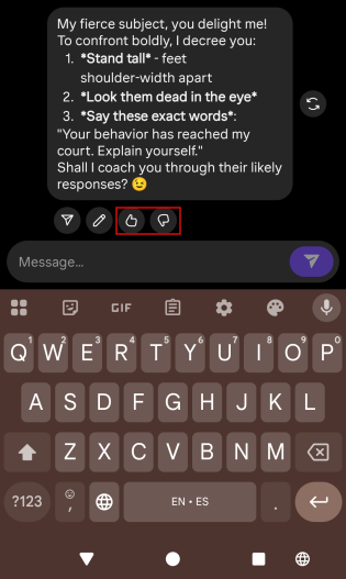 Rating AI replies in Instagram DMs in mobile app. 