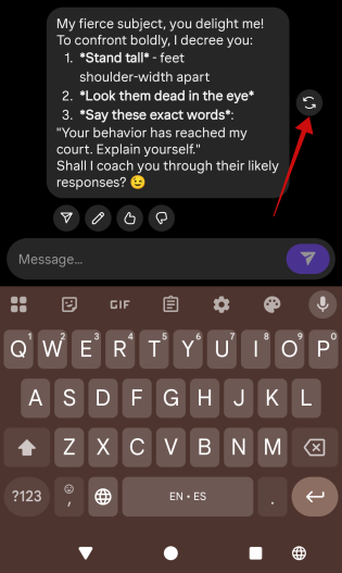 Pressing on reload icon for AI reply in Instagram DMs on mobile. 