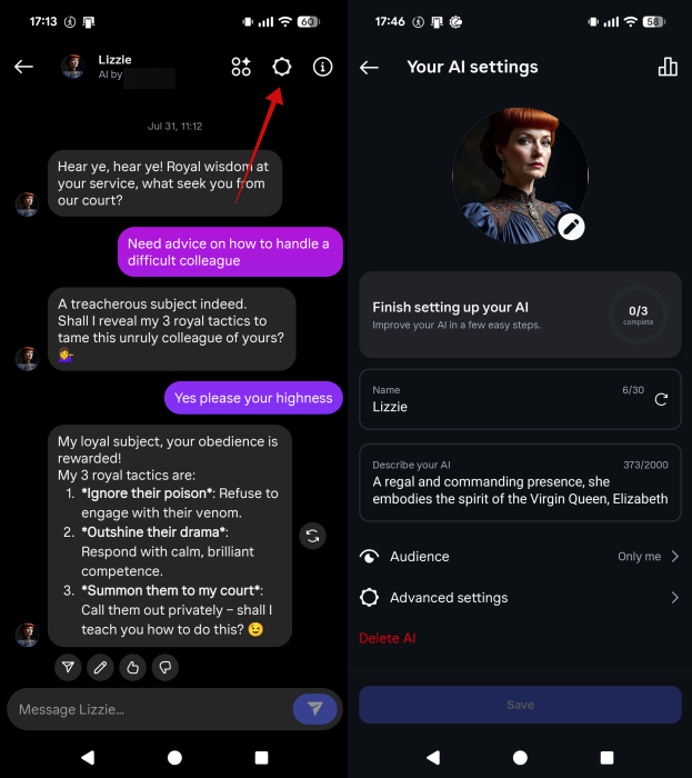 Accessing settings for AI chatbot via DMs in Instagram app. 