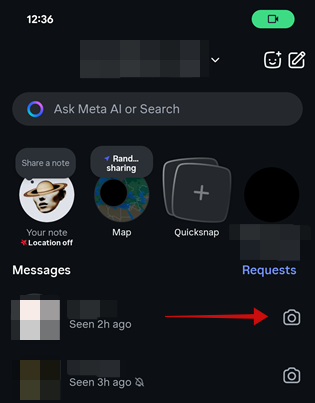 Tapping on Camera icon in Instagram DMs on mobile app. 