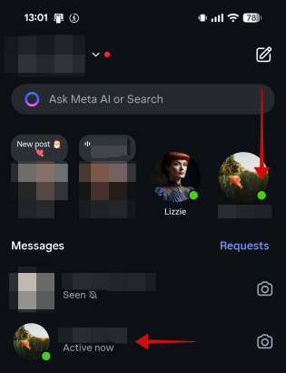 Green dot view in Instagram DMs on mobile. 