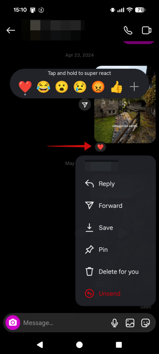 Heart icon underneath post in Instagram chat on mobile. 