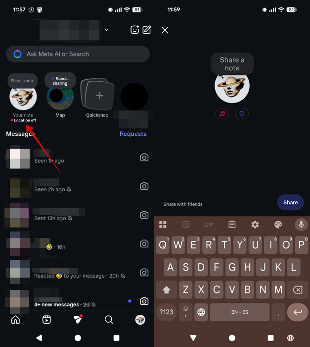 Adding a new note in Instagram app from DMs. 