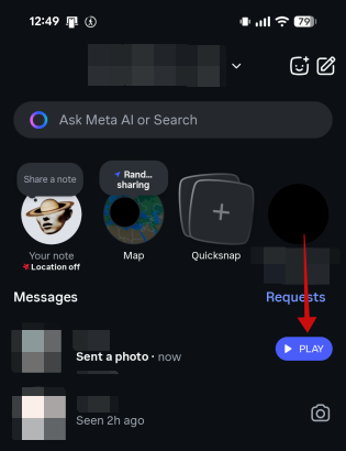 Tapping "Play" button to view image in Instagram DM on mobile. 