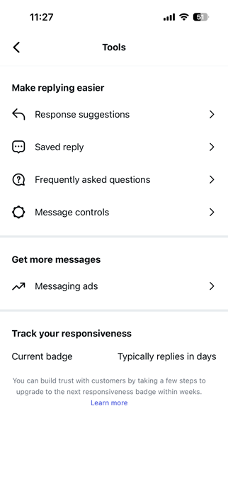 Tools options for Instagram business account on iOS. 