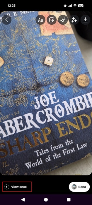 Selecting "View once" option when sending a photo via Instagram DMs. 