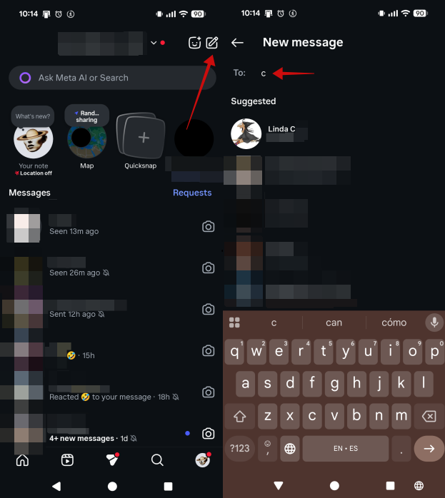 Creating a new chat in the Instagram mobile app. 