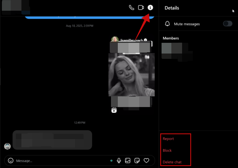 Clicking "i" button in Instagram DMs on web. 