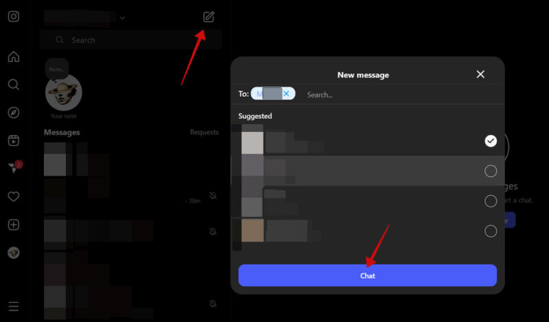 Creating a new chat in the web version of Instagram. 