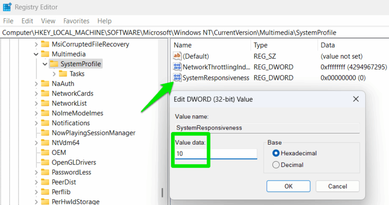 SystemResponsiveness being set to 10 in Windows Registry