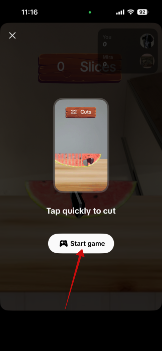 Tapping "Start game" button in TikTok. 