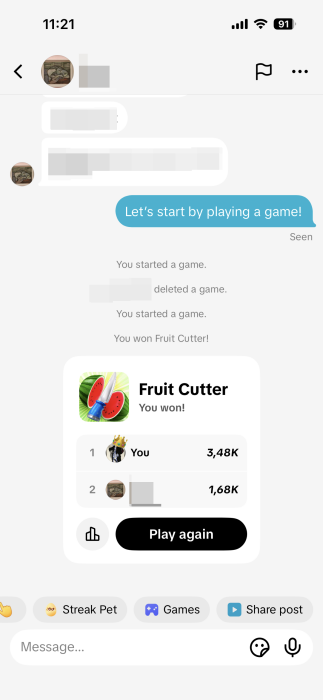 Game score view in TikTok. 