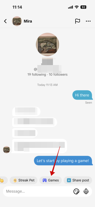 Tapping on Games sticker in TikTok chat. 
