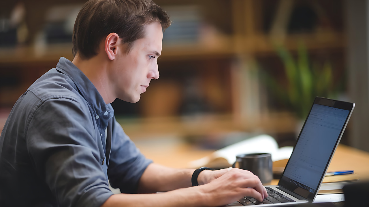 A man is sitting at a desk using a laptop