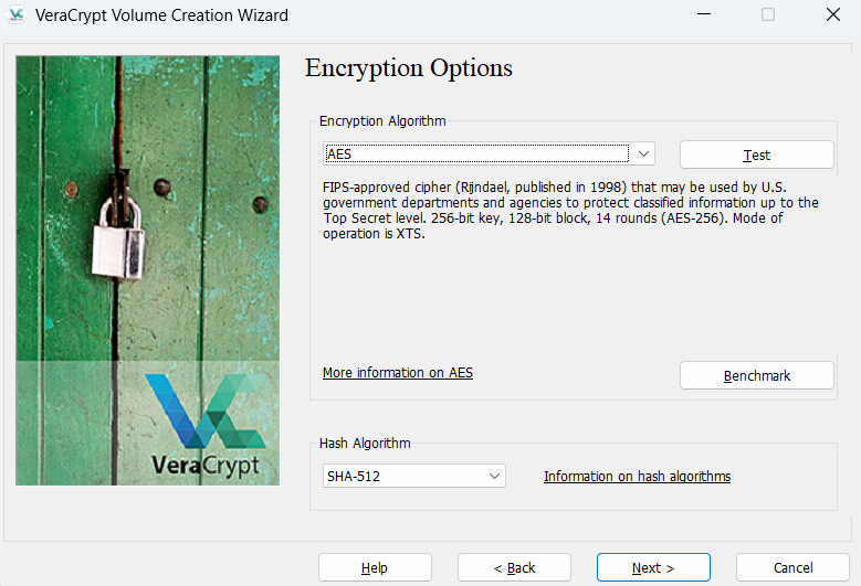 Veracrypt Algorithm section in wizard