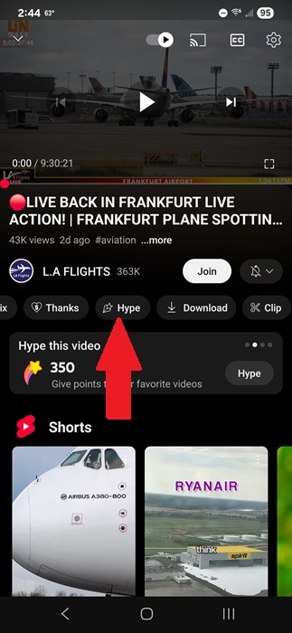 Locating the Hype button on the LA Flights YouTube channel.