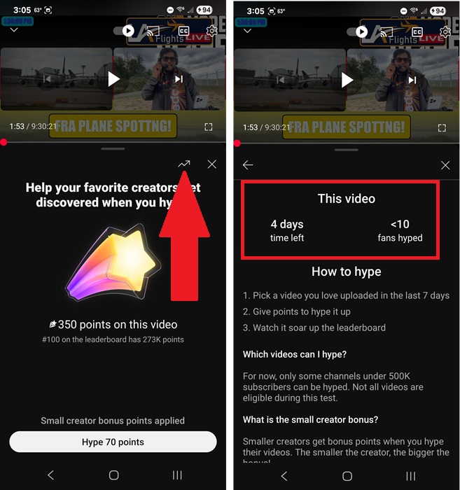 Viewing the hype stats for a video.