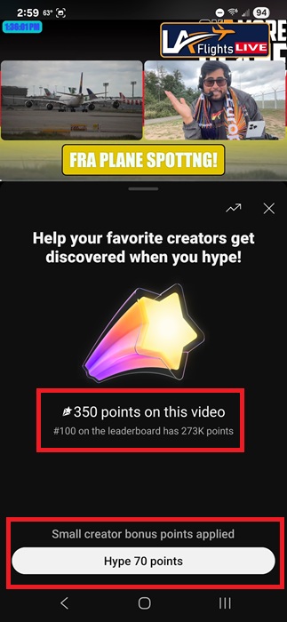 Giving a creator hype points and seeing the current point total for the video.