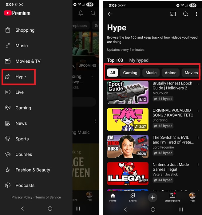 Viewing the Hype leaderboards on YouTube.