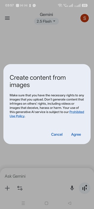 Content form submission in Gemini app Android for copyright reasons.