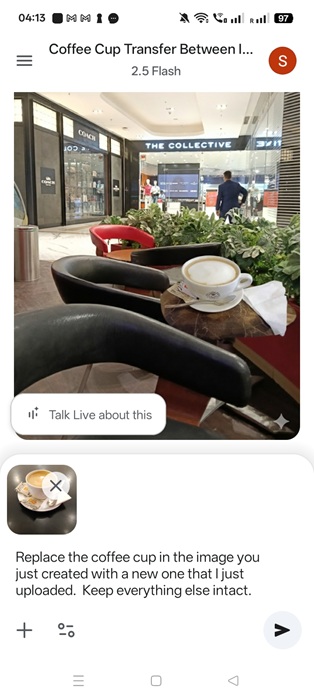 Coffee cup element transferred from one image to another in Gemini app using Nano Banana.