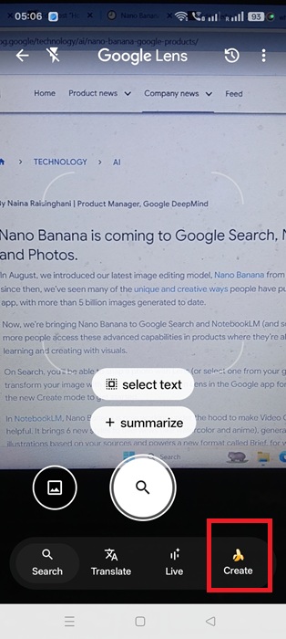 Create button in Google Lens app in camera mode (Android) with a banana icon visible.
