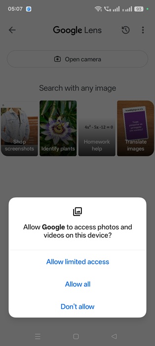 Allowing Google to access photos and videos with Google Lens app in the background (Android).