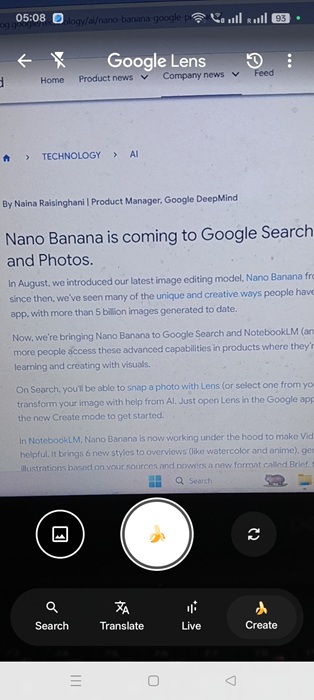 Android camera shutter button in Lens app transformed into a banana icon.