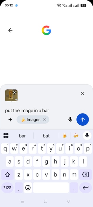 Entering a text prompt with uploaded image in Google Search for Nano Banana effect (Android).