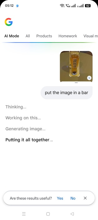 In AI mode (Android), Google Search inserts uploaded image to a Nano Banana like text prompt.
