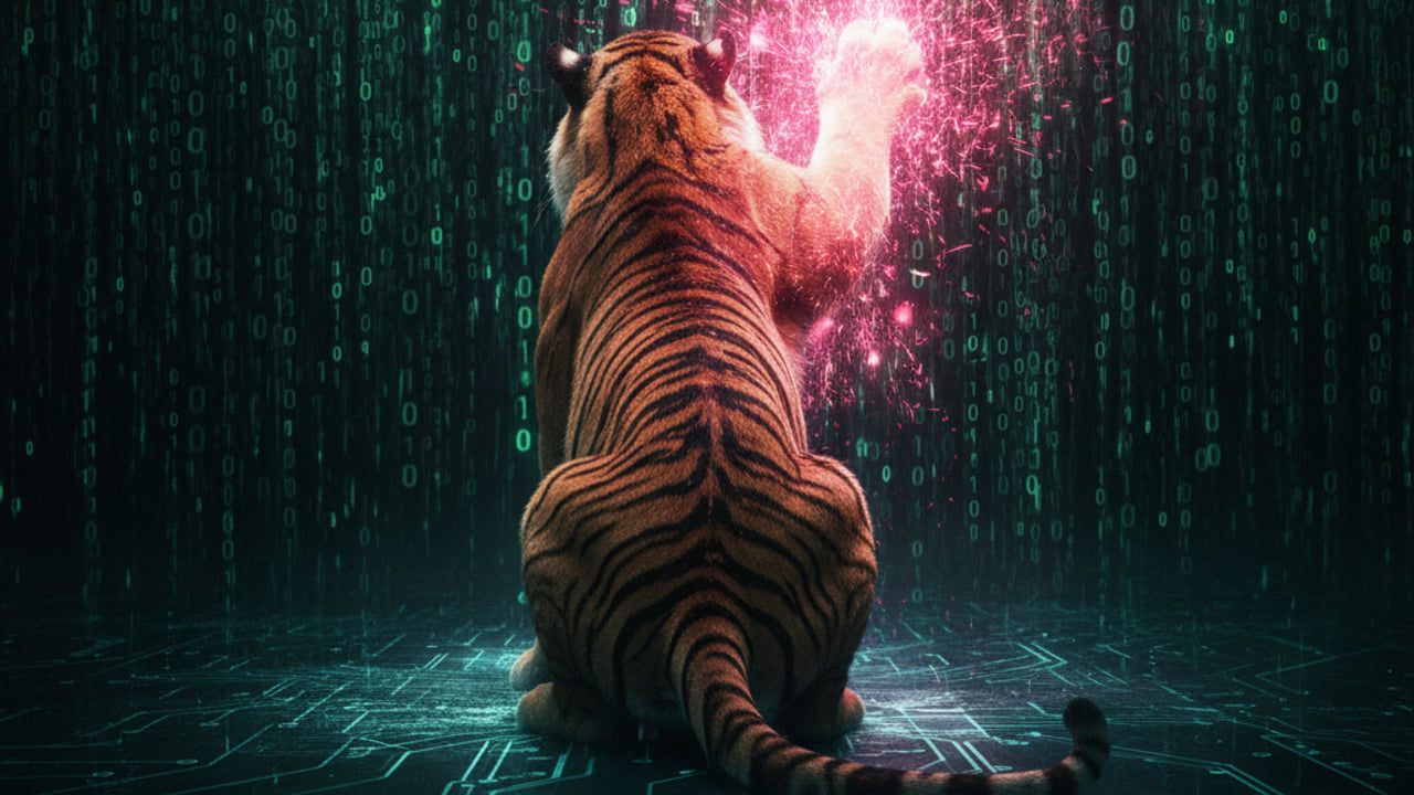 A red tiger putting his paw on a stream of data