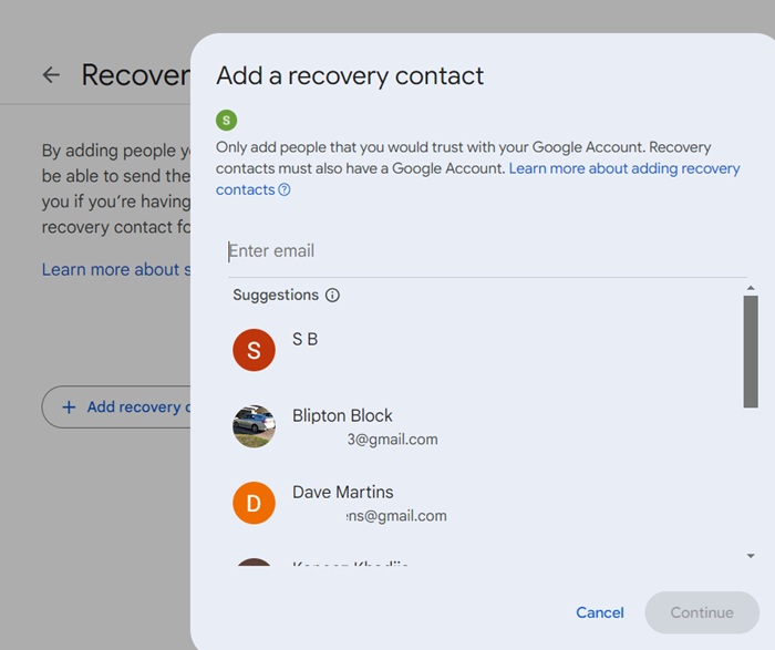 Adding a recovery contact from your Gmail contacts list.