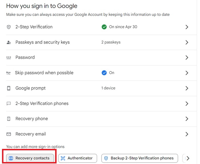 Clicking the "Recovery Contacts" button at the bottom of "How you sign in to Google"