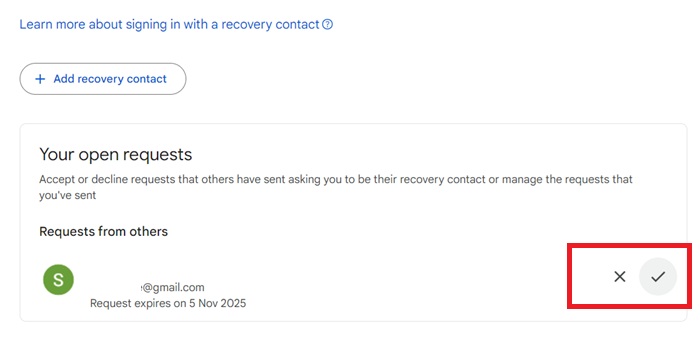 Click a check sign to add a person who needs you as their Gmail Recovery Contact.