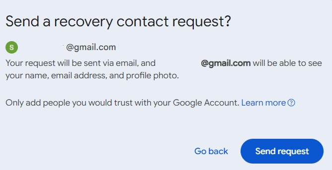 Sending a recovery contact request through Gmail. Click "Send request" button.