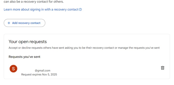 Open requests for Recovery Contacts pending on the page.