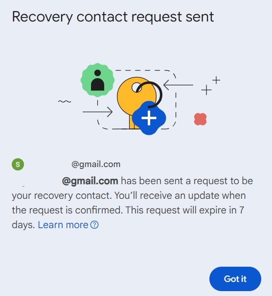 Recovery contact request in Gmail has been dispatched - confirmation window.
