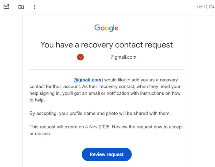 A review request email from a person who wants to add you as their Gmail recovery contact.
