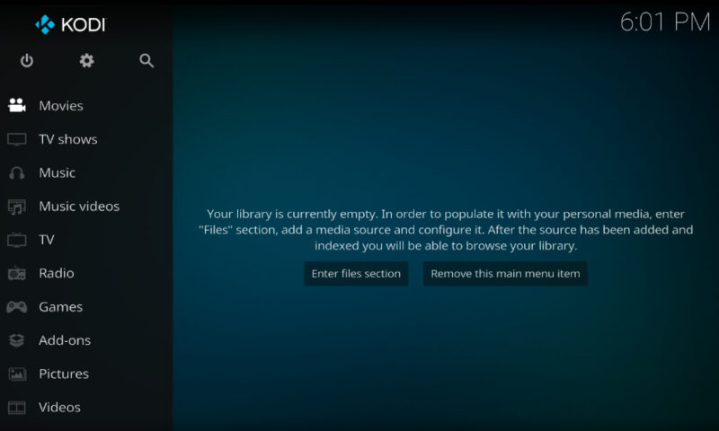Screenshot showing Kodi homepage