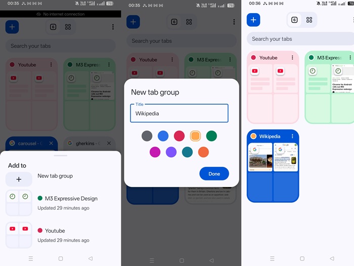 A list of color-coded tab groups for Chrome browser on Android.