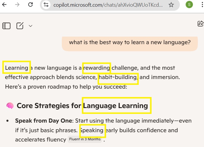 Too many gerunds in a response by Copilot to a simple prompt.